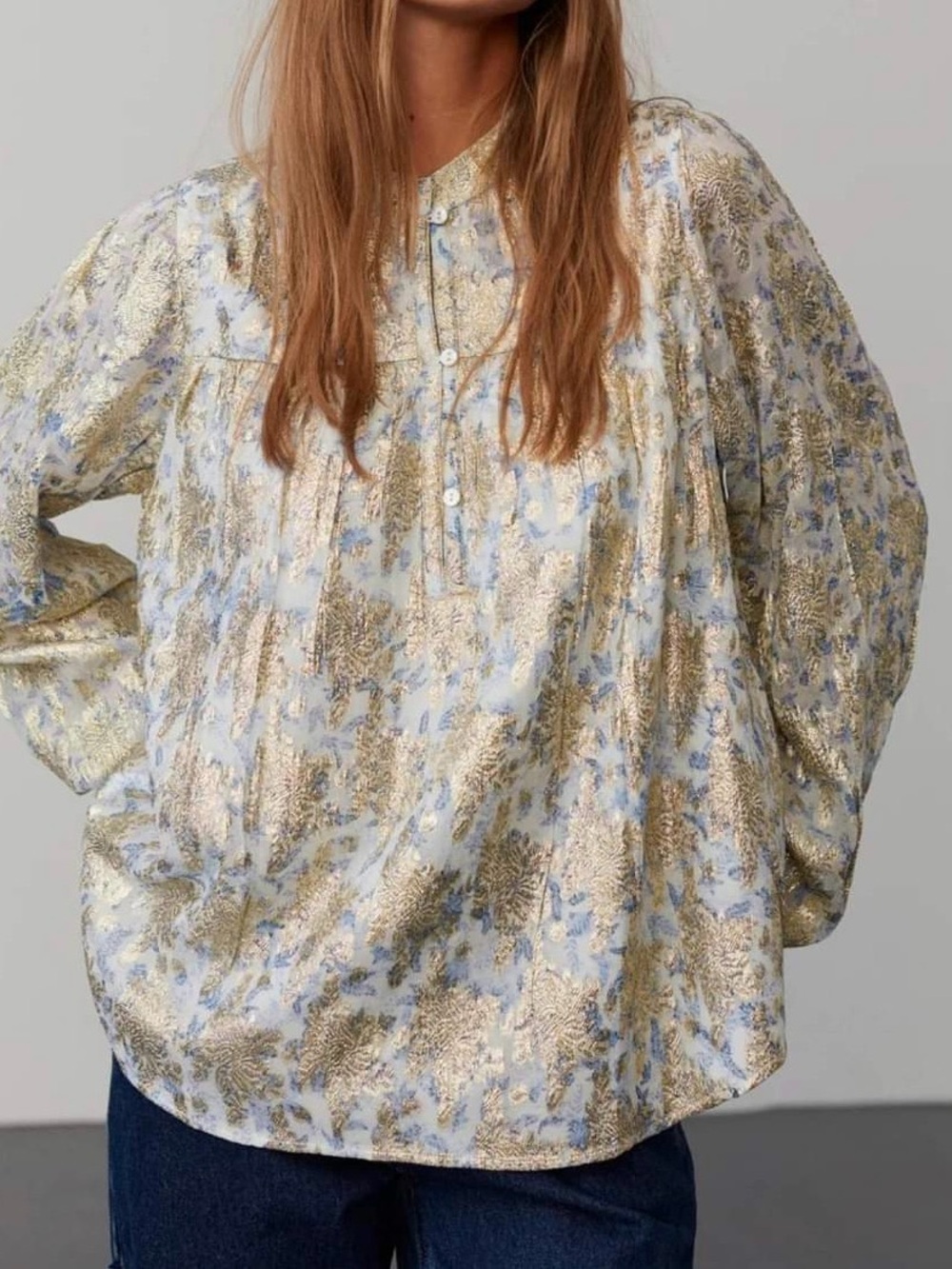Sofie Schnoor Oversized Metallic Floral Long Sleeve Blouse